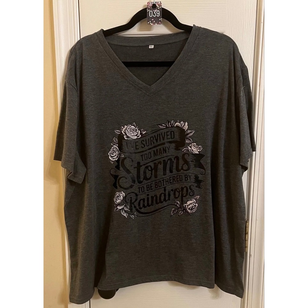 Inspirational Storms Raindrops Graphic V-Neck T-Shirt Charcoal Grey 5XL